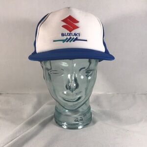 Vintage Mens Suzuki White and Blue Trucker Hat with Embroidered Logo